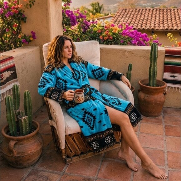 Southwestern Aztec Chimayo Blue Fleece Robe L/XL - Picture 2 of 5